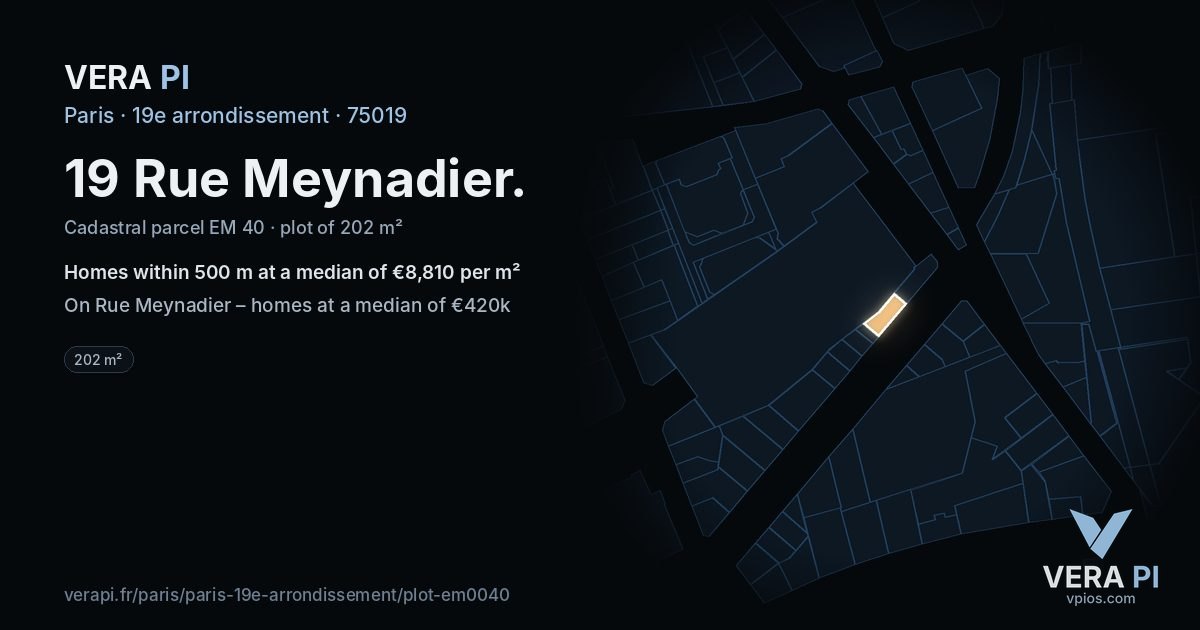 19 Rue Meynadier, 19e arrondissement at night – the plot lit, the parcels around coloured by the prices near them