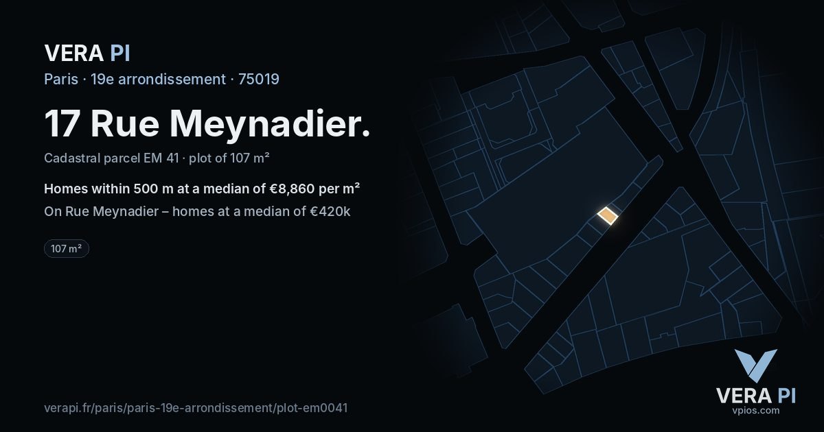 17 Rue Meynadier, 19e arrondissement at night – the plot lit, the parcels around coloured by the prices near them