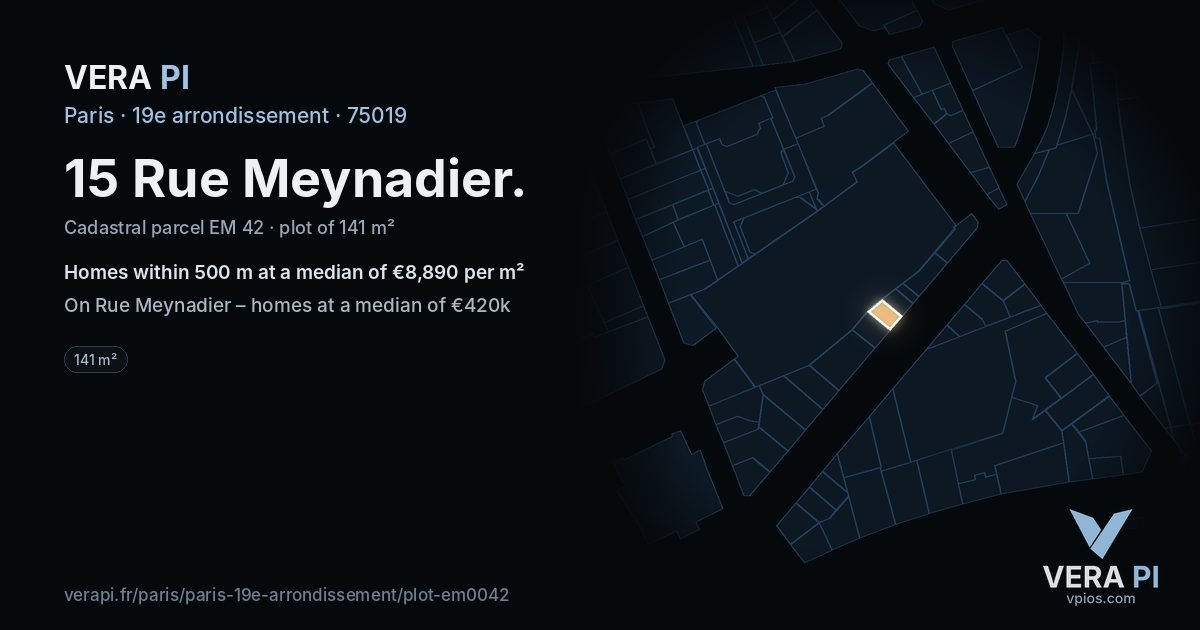 15 Rue Meynadier, 19e arrondissement at night – the plot lit, the parcels around coloured by the prices near them