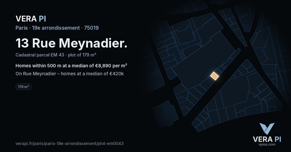 13 Rue Meynadier, 19e arrondissement at night – the plot lit, the parcels around coloured by the prices near them