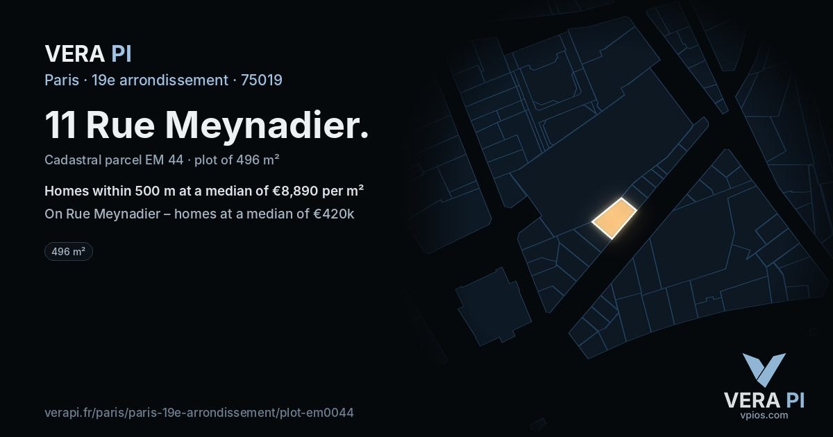 11 Rue Meynadier, 19e arrondissement at night – the plot lit, the parcels around coloured by the prices near them