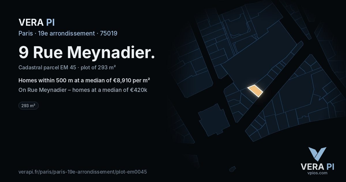9 Rue Meynadier, 19e arrondissement at night – the plot lit, the parcels around coloured by the prices near them