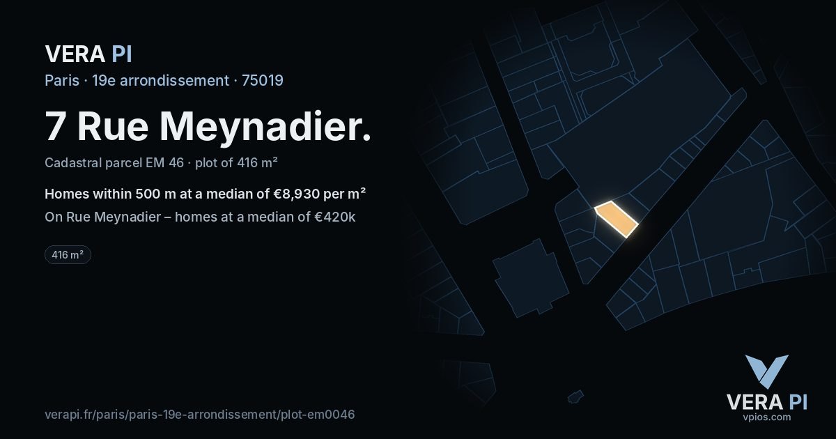 7 Rue Meynadier, 19e arrondissement at night – the plot lit, the parcels around coloured by the prices near them
