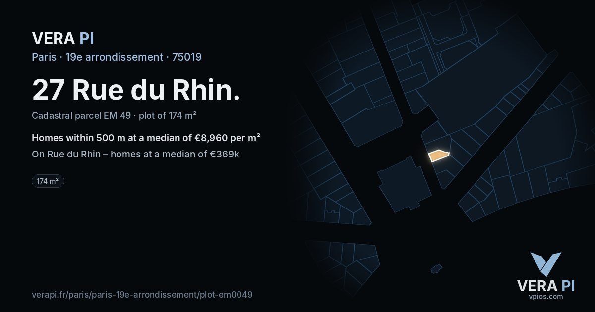 27 Rue du Rhin, 19e arrondissement at night – the plot lit, the parcels around coloured by the prices near them