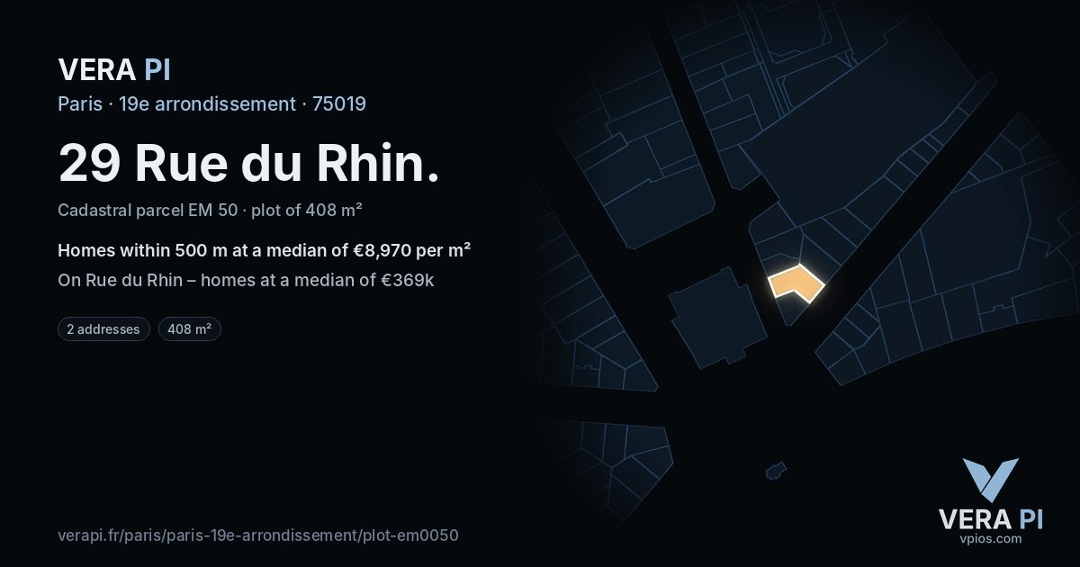 29 Rue du Rhin, 19e arrondissement at night – the plot lit, the parcels around coloured by the prices near them