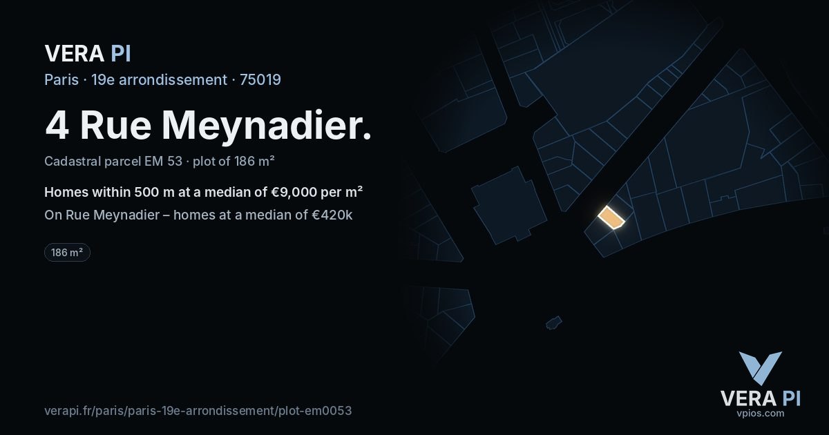 4 Rue Meynadier, 19e arrondissement at night – the plot lit, the parcels around coloured by the prices near them
