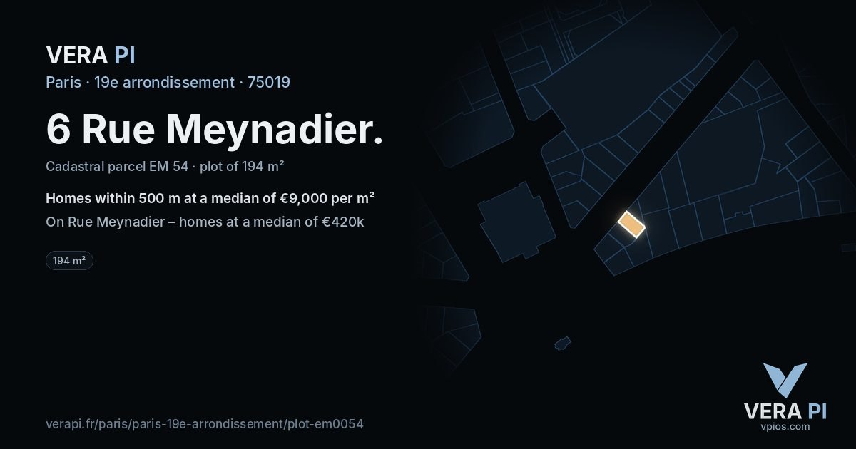 6 Rue Meynadier, 19e arrondissement at night – the plot lit, the parcels around coloured by the prices near them