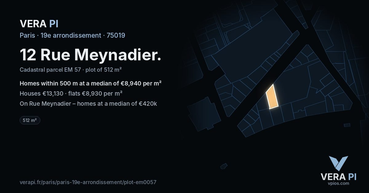 12 Rue Meynadier, 19e arrondissement at night – the plot lit, the parcels around coloured by the prices near them