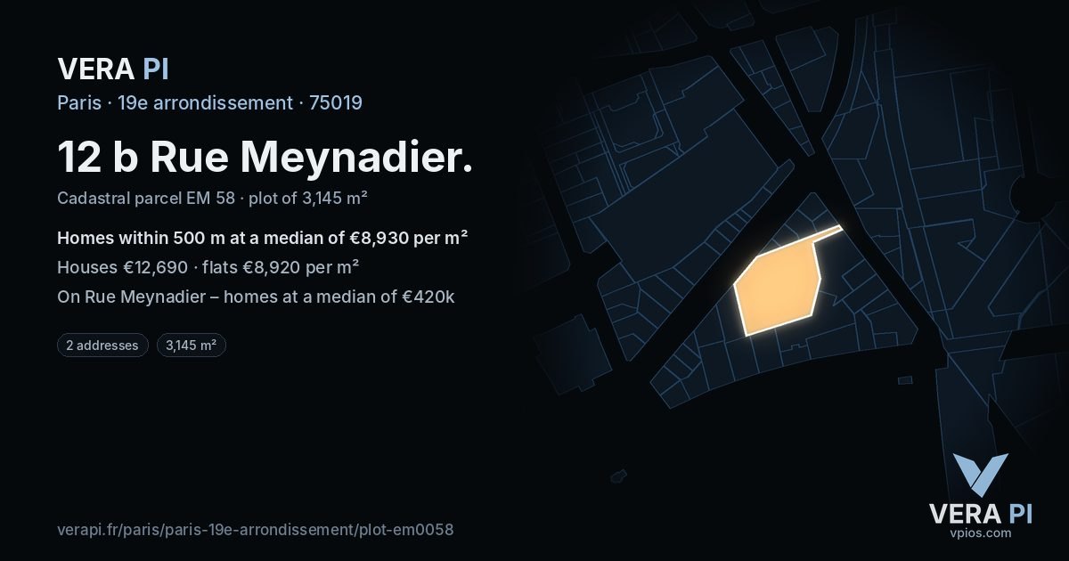 12 b Rue Meynadier, 19e arrondissement at night – the plot lit, the parcels around coloured by the prices near them