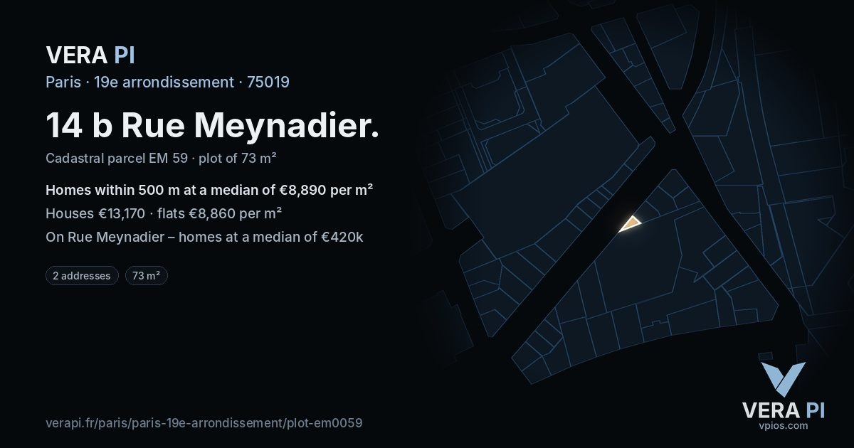 14 b Rue Meynadier, 19e arrondissement at night – the plot lit, the parcels around coloured by the prices near them