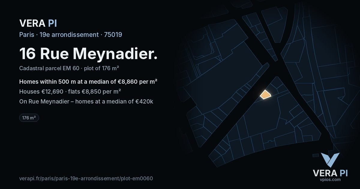 16 Rue Meynadier, 19e arrondissement at night – the plot lit, the parcels around coloured by the prices near them
