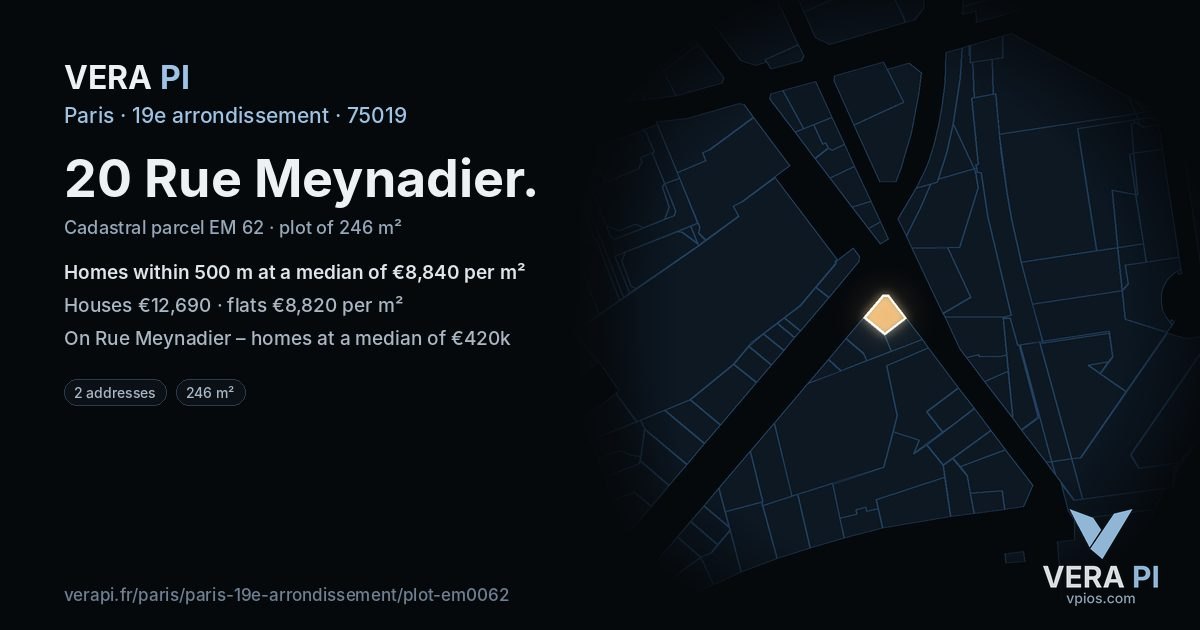 20 Rue Meynadier, 19e arrondissement at night – the plot lit, the parcels around coloured by the prices near them