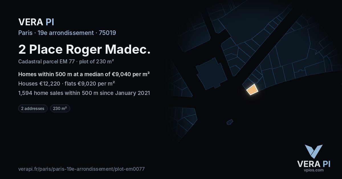 2 Place Roger Madec, 19e arrondissement at night – the plot lit, the parcels around coloured by the prices near them