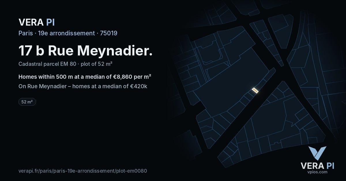 17 b Rue Meynadier, 19e arrondissement at night – the plot lit, the parcels around coloured by the prices near them