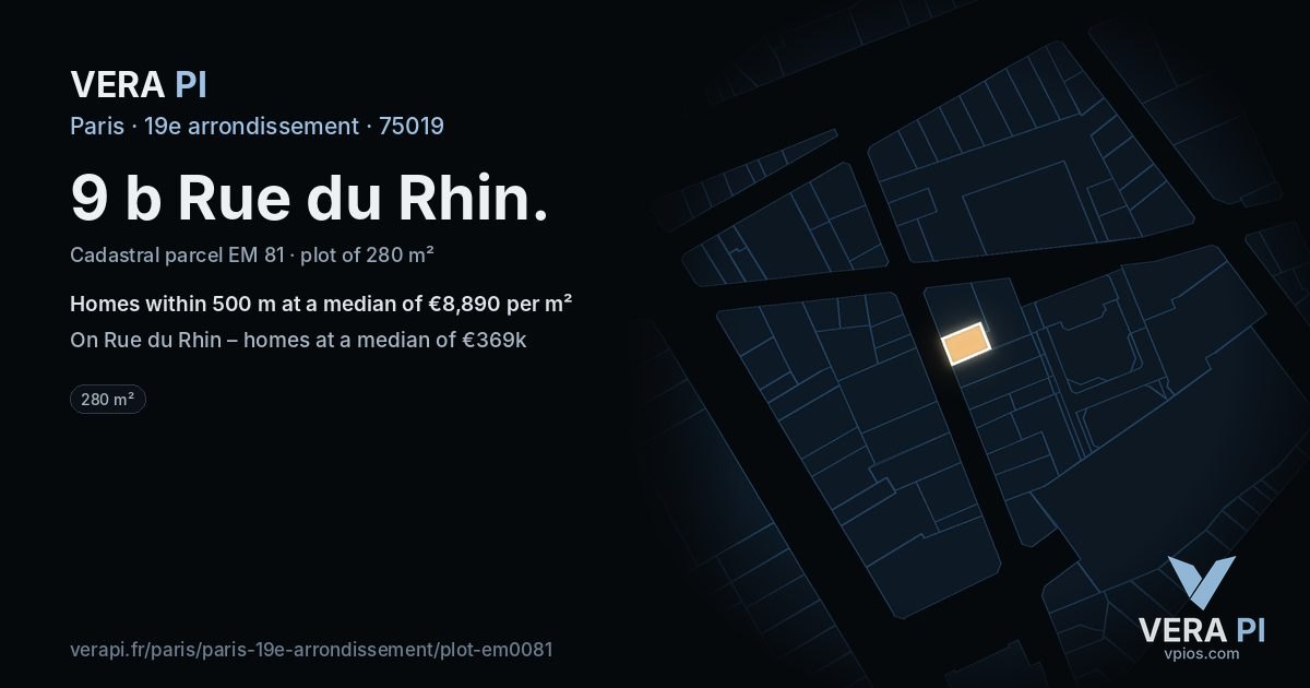 9 b Rue du Rhin, 19e arrondissement at night – the plot lit, the parcels around coloured by the prices near them