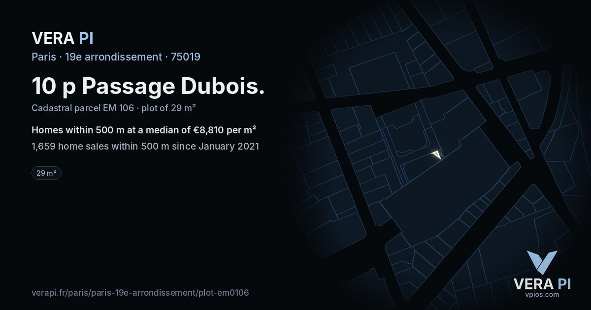 10 p Passage Dubois, 19e arrondissement at night – the plot lit, the parcels around coloured by the prices near them