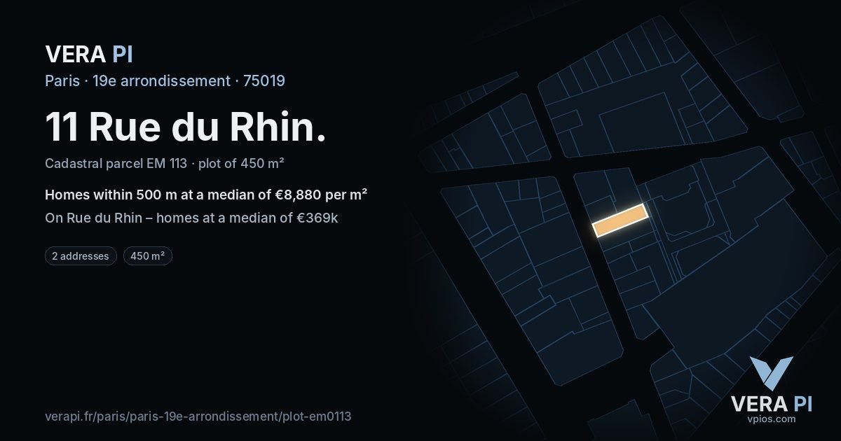 11 Rue du Rhin, 19e arrondissement at night – the plot lit, the parcels around coloured by the prices near them
