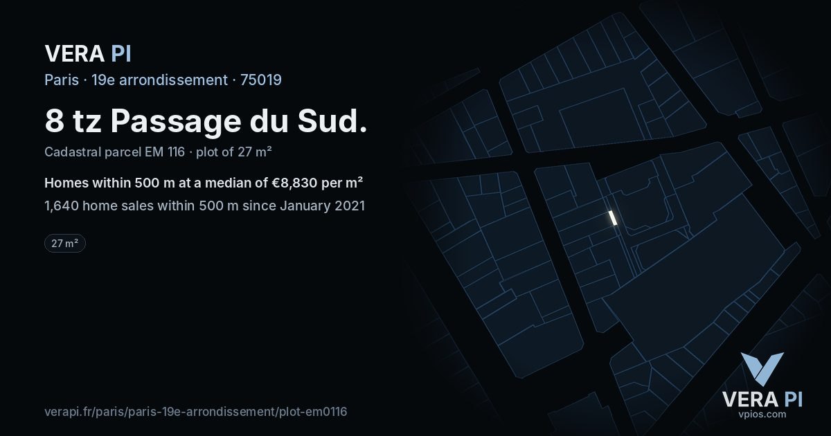 8 tz Passage du Sud, 19e arrondissement at night – the plot lit, the parcels around coloured by the prices near them
