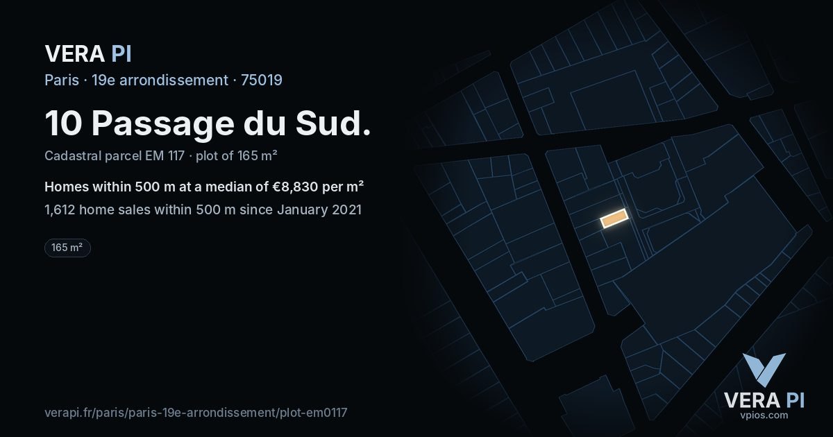 10 Passage du Sud, 19e arrondissement at night – the plot lit, the parcels around coloured by the prices near them