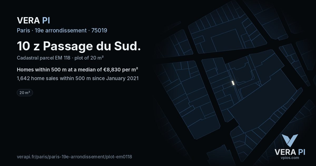 10 z Passage du Sud, 19e arrondissement at night – the plot lit, the parcels around coloured by the prices near them