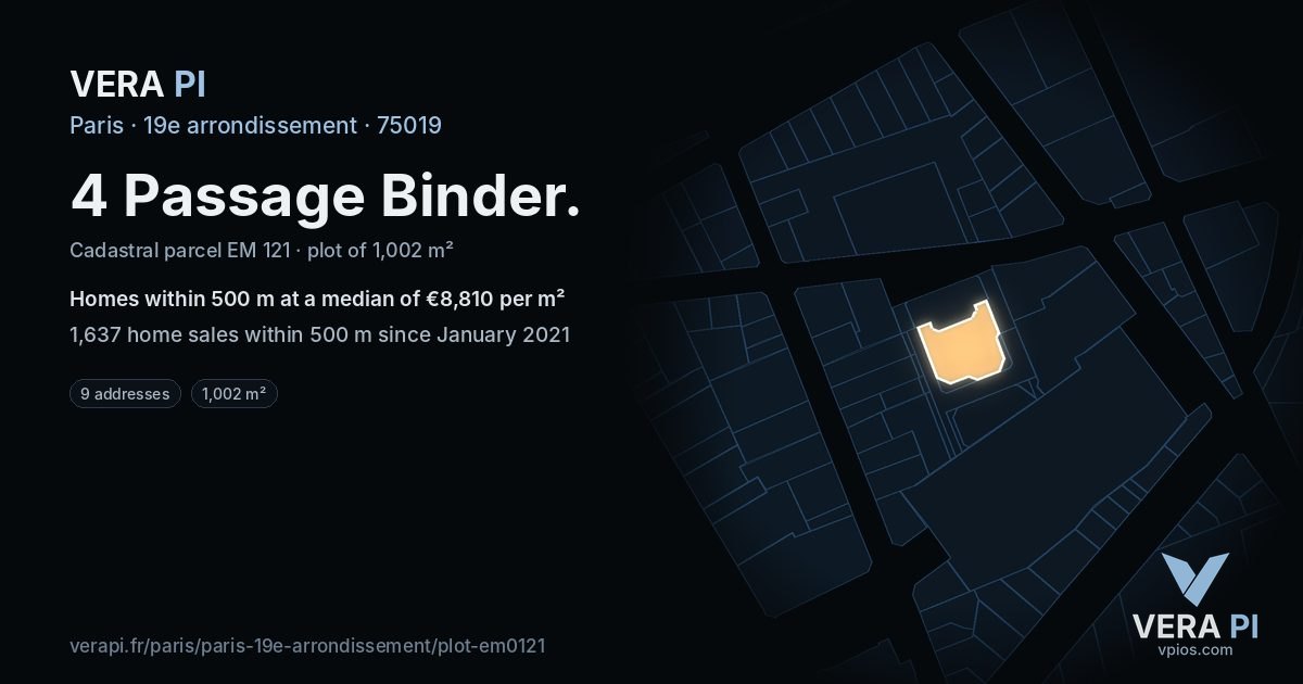4 Passage Binder, 19e arrondissement at night – the plot lit, the parcels around coloured by the prices near them