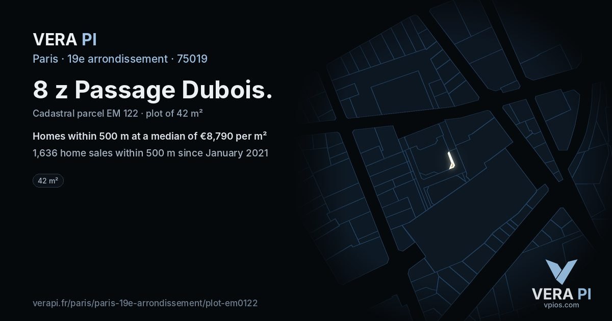 8 z Passage Dubois, 19e arrondissement at night – the plot lit, the parcels around coloured by the prices near them