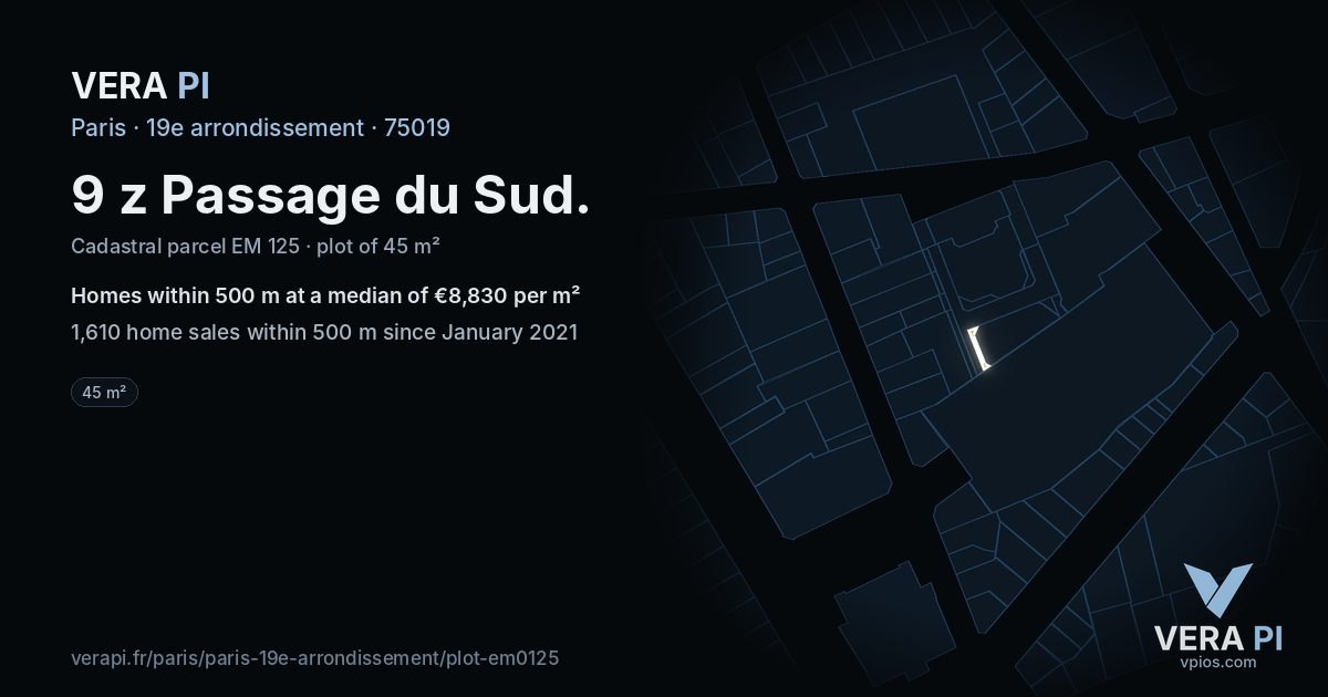 9 z Passage du Sud, 19e arrondissement at night – the plot lit, the parcels around coloured by the prices near them