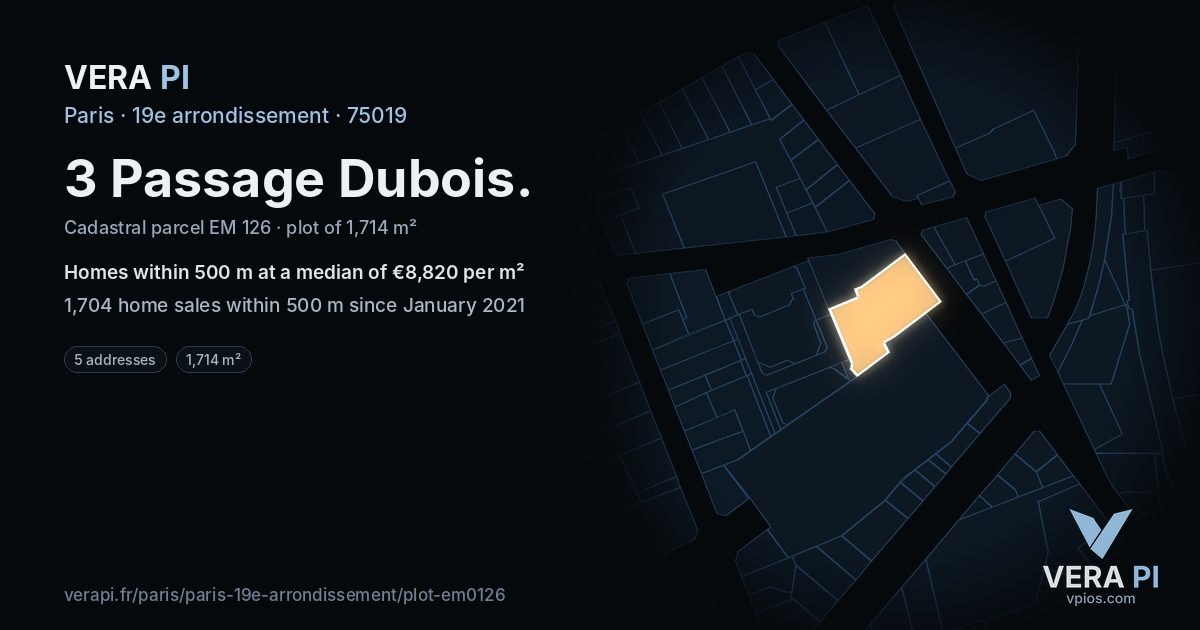 3 Passage Dubois, 19e arrondissement at night – the plot lit, the parcels around coloured by the prices near them