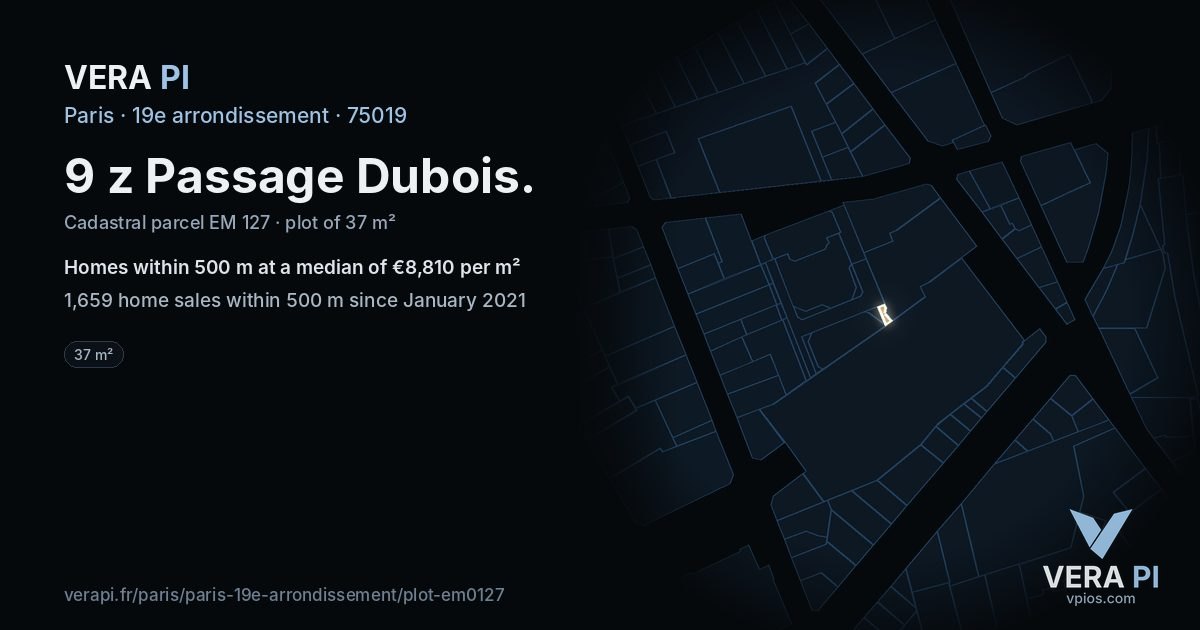 9 z Passage Dubois, 19e arrondissement at night – the plot lit, the parcels around coloured by the prices near them