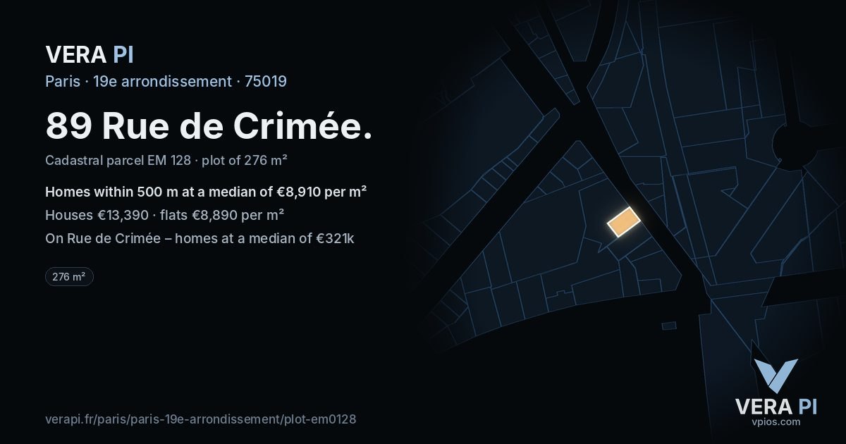 89 Rue de Crimée, 19e arrondissement at night – the plot lit, the parcels around coloured by the prices near them