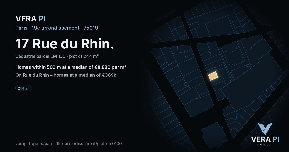 17 Rue du Rhin, 19e arrondissement at night – the plot lit, the parcels around coloured by the prices near them