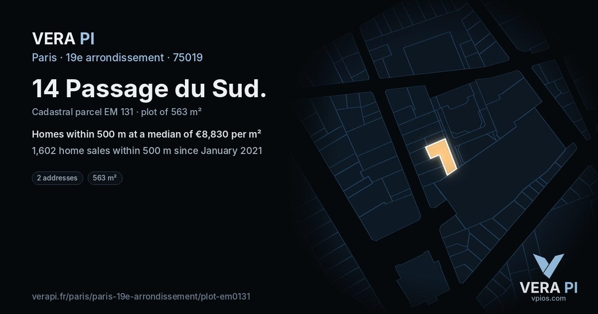 14 Passage du Sud, 19e arrondissement at night – the plot lit, the parcels around coloured by the prices near them