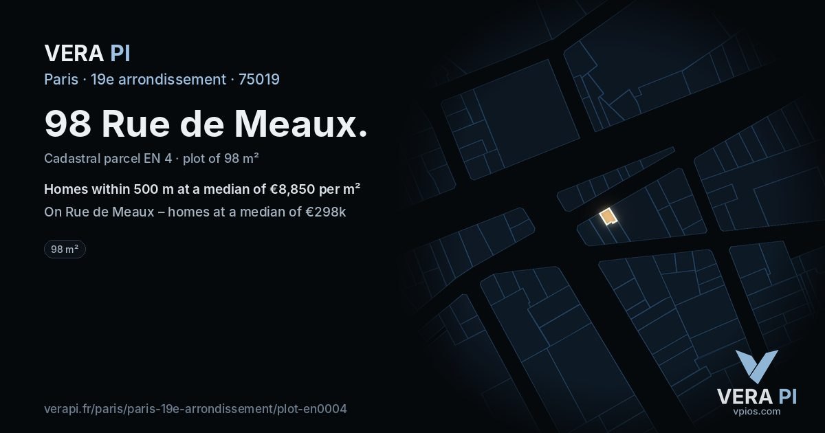 98 Rue de Meaux, 19e arrondissement at night – the plot lit, the parcels around coloured by the prices near them