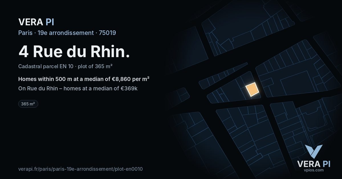 4 Rue du Rhin, 19e arrondissement at night – the plot lit, the parcels around coloured by the prices near them
