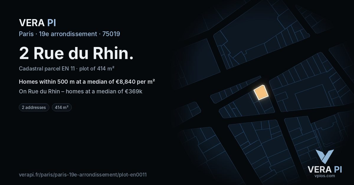 2 Rue du Rhin, 19e arrondissement at night – the plot lit, the parcels around coloured by the prices near them