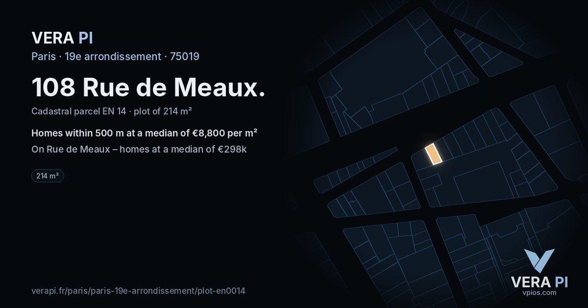 108 Rue de Meaux, 19e arrondissement at night – the plot lit, the parcels around coloured by the prices near them