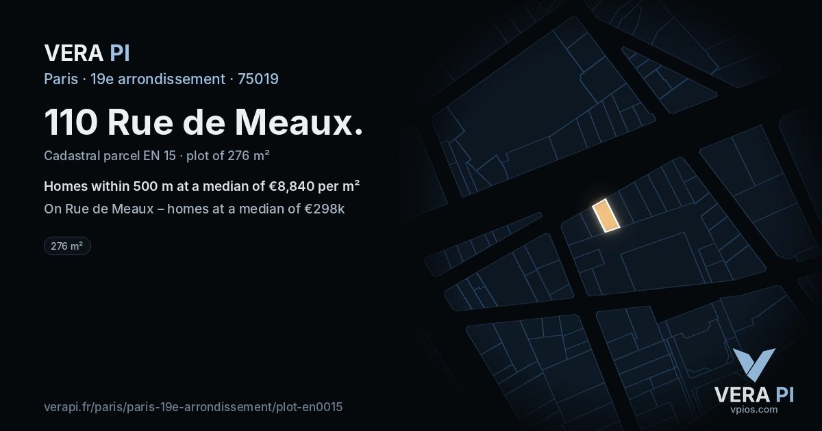 110 Rue de Meaux, 19e arrondissement at night – the plot lit, the parcels around coloured by the prices near them