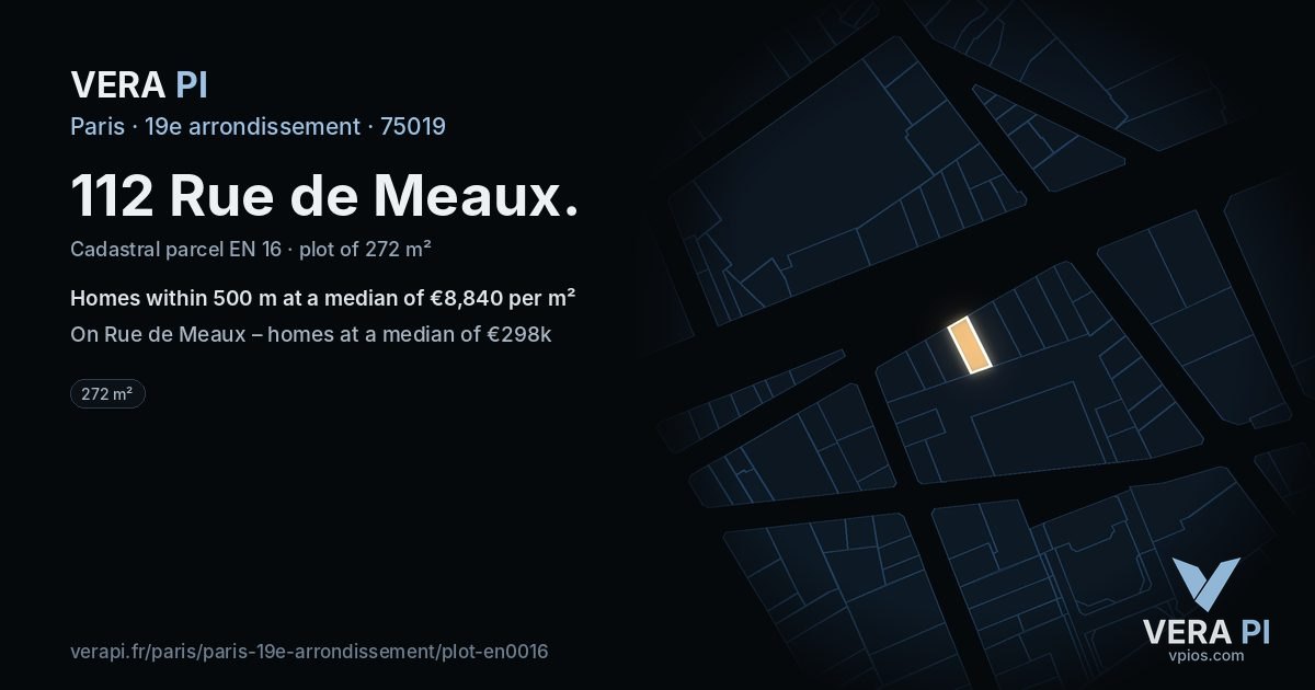 112 Rue de Meaux, 19e arrondissement at night – the plot lit, the parcels around coloured by the prices near them