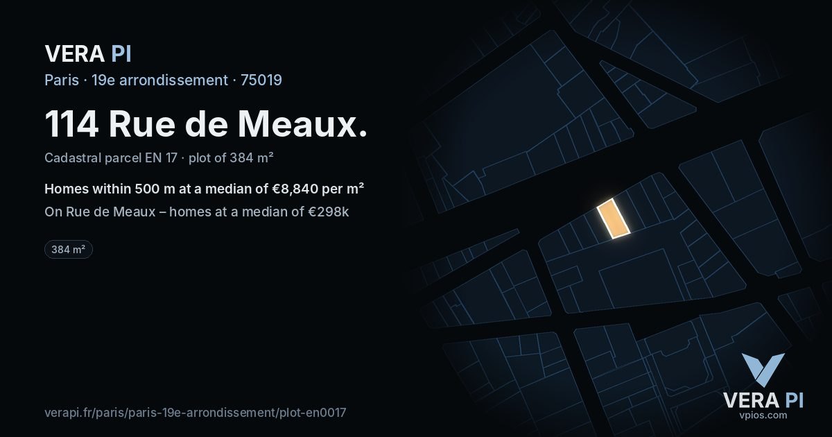114 Rue de Meaux, 19e arrondissement at night – the plot lit, the parcels around coloured by the prices near them