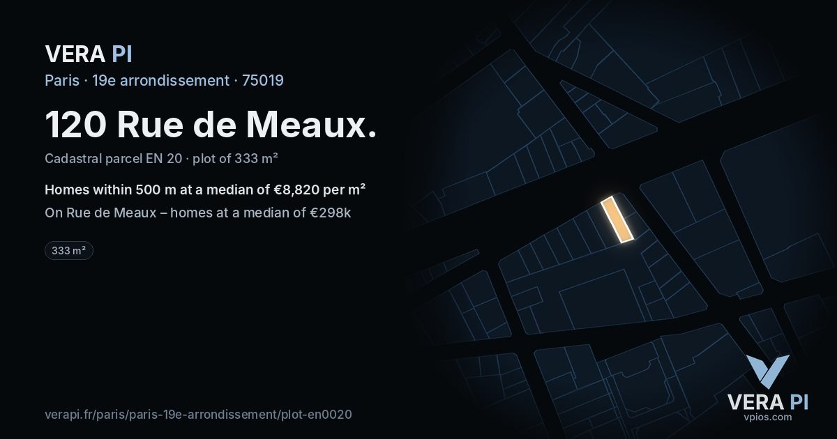 120 Rue de Meaux, 19e arrondissement at night – the plot lit, the parcels around coloured by the prices near them