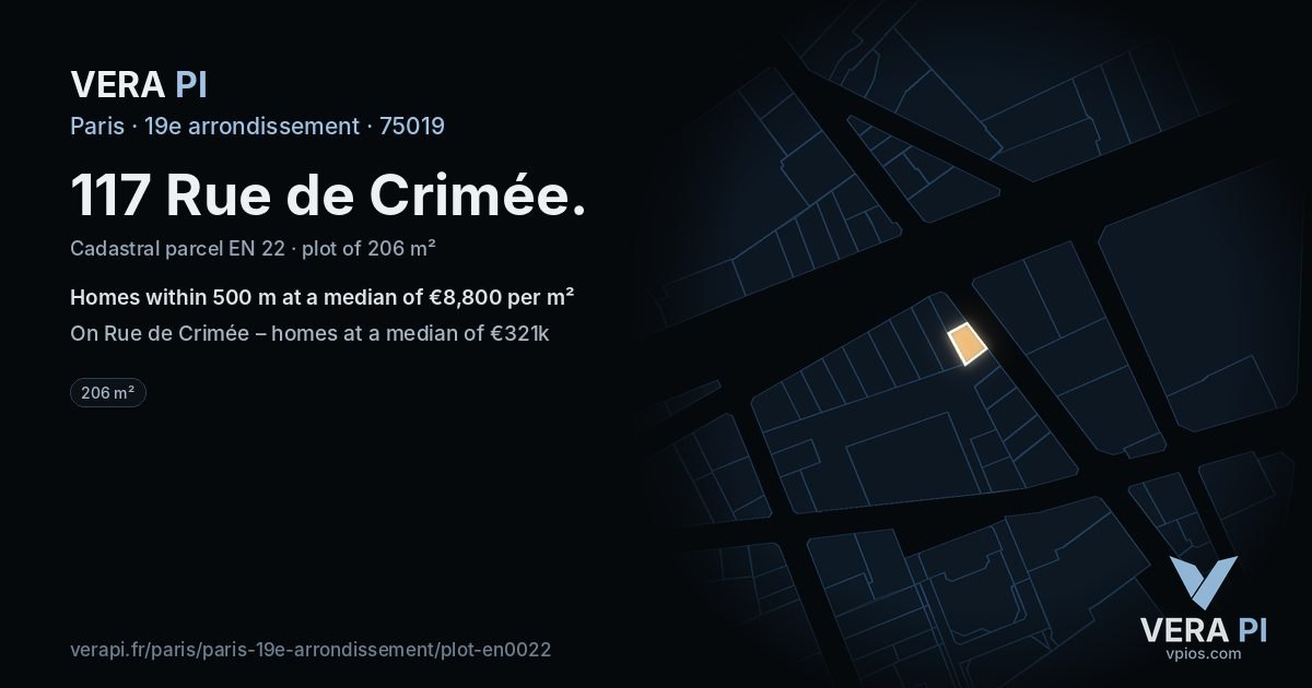 117 Rue de Crimée, 19e arrondissement at night – the plot lit, the parcels around coloured by the prices near them