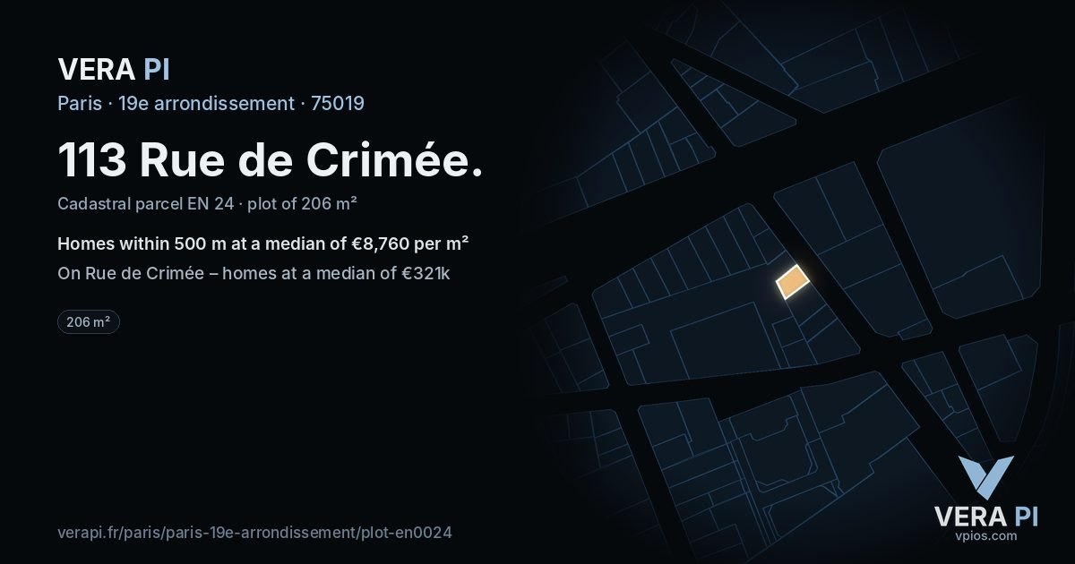 113 Rue de Crimée, 19e arrondissement at night – the plot lit, the parcels around coloured by the prices near them