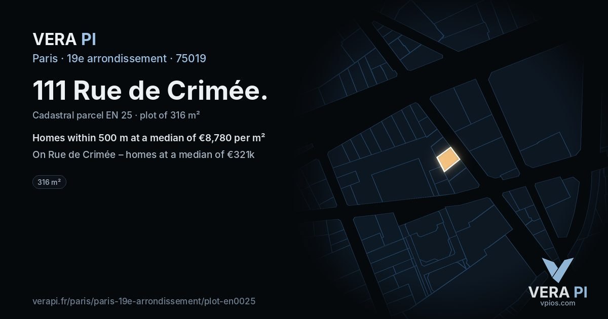 111 Rue de Crimée, 19e arrondissement at night – the plot lit, the parcels around coloured by the prices near them