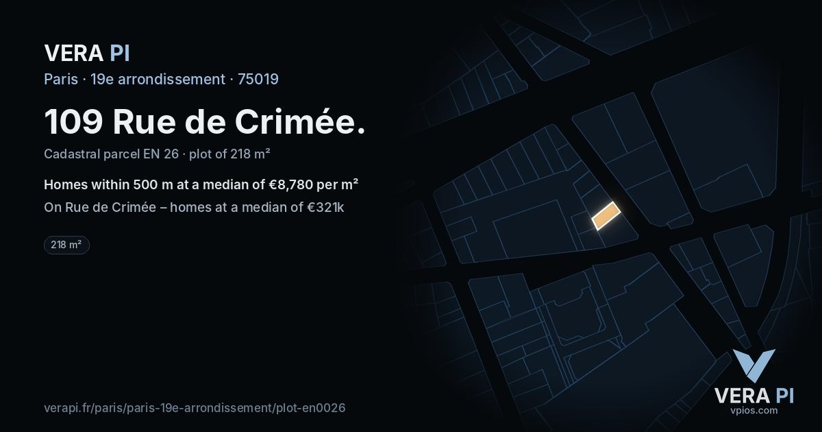 109 Rue de Crimée, 19e arrondissement at night – the plot lit, the parcels around coloured by the prices near them