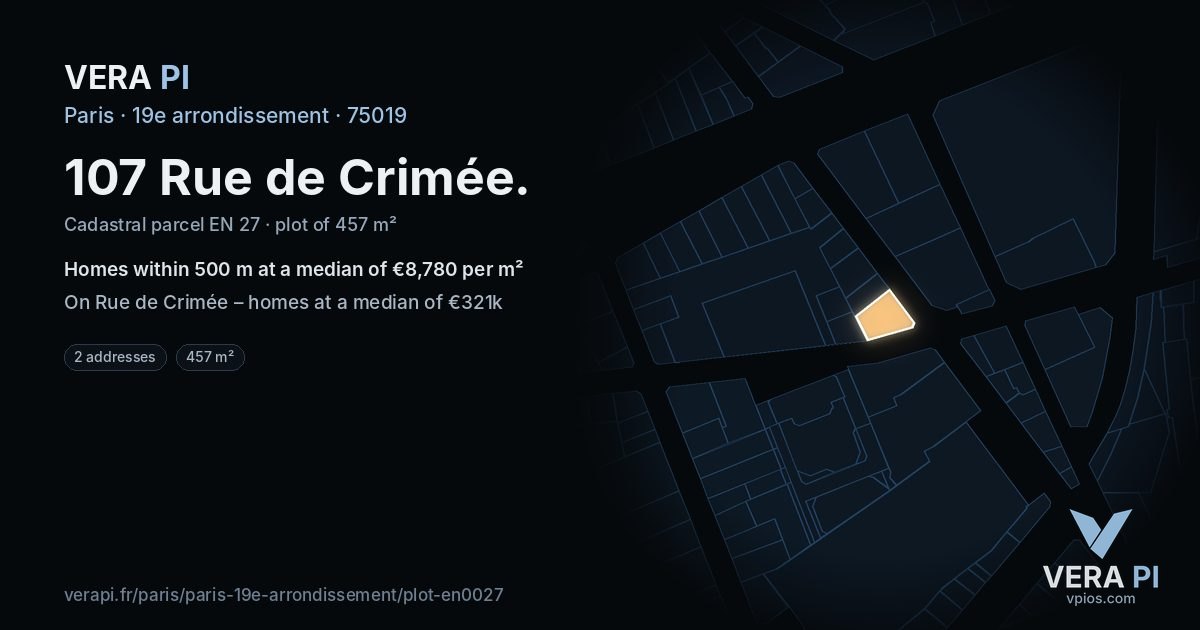 107 Rue de Crimée, 19e arrondissement at night – the plot lit, the parcels around coloured by the prices near them