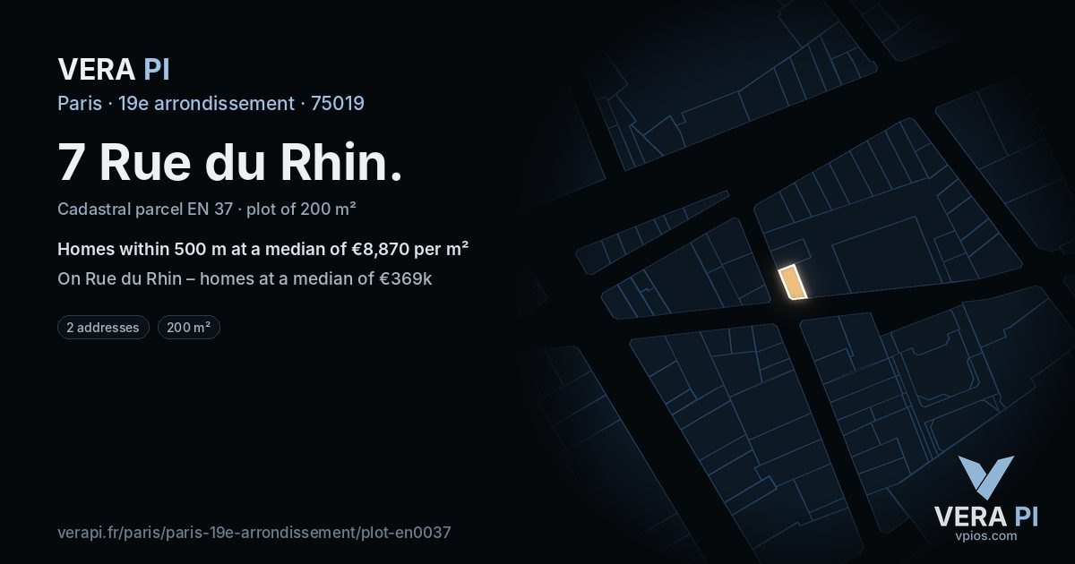 7 Rue du Rhin, 19e arrondissement at night – the plot lit, the parcels around coloured by the prices near them