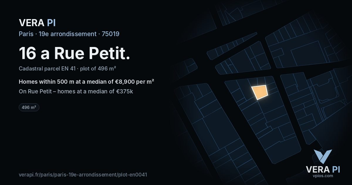 16 a Rue Petit, 19e arrondissement at night – the plot lit, the parcels around coloured by the prices near them