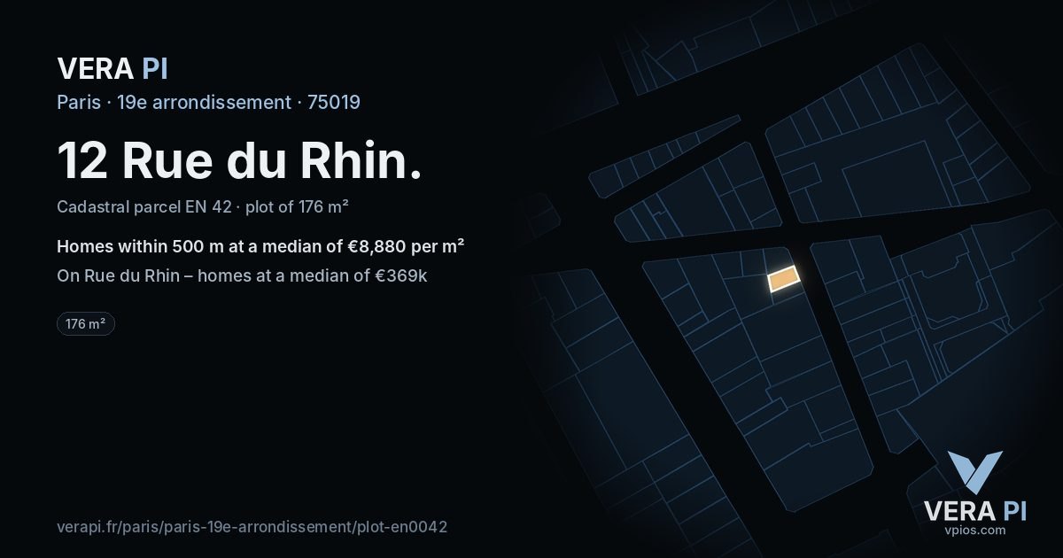 12 Rue du Rhin, 19e arrondissement at night – the plot lit, the parcels around coloured by the prices near them
