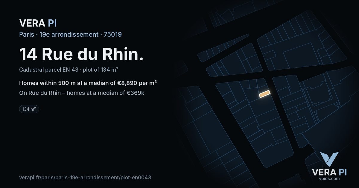 14 Rue du Rhin, 19e arrondissement at night – the plot lit, the parcels around coloured by the prices near them
