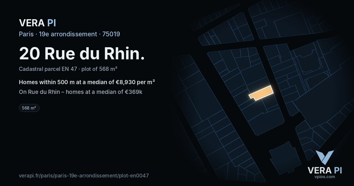 20 Rue du Rhin, 19e arrondissement at night – the plot lit, the parcels around coloured by the prices near them